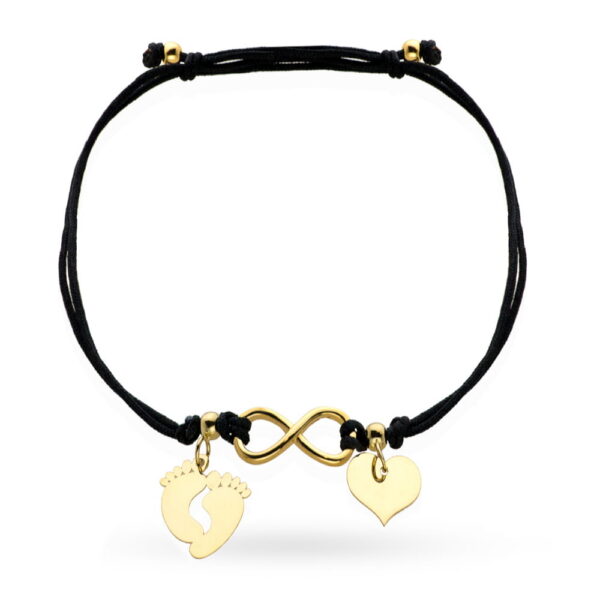 Bransoletka stópki nieskończoność i serce na czarnym sznurku