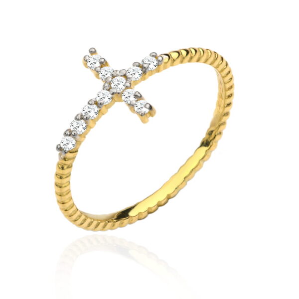 Pierścionek złoty krzyżyk wysadzany kamieniami