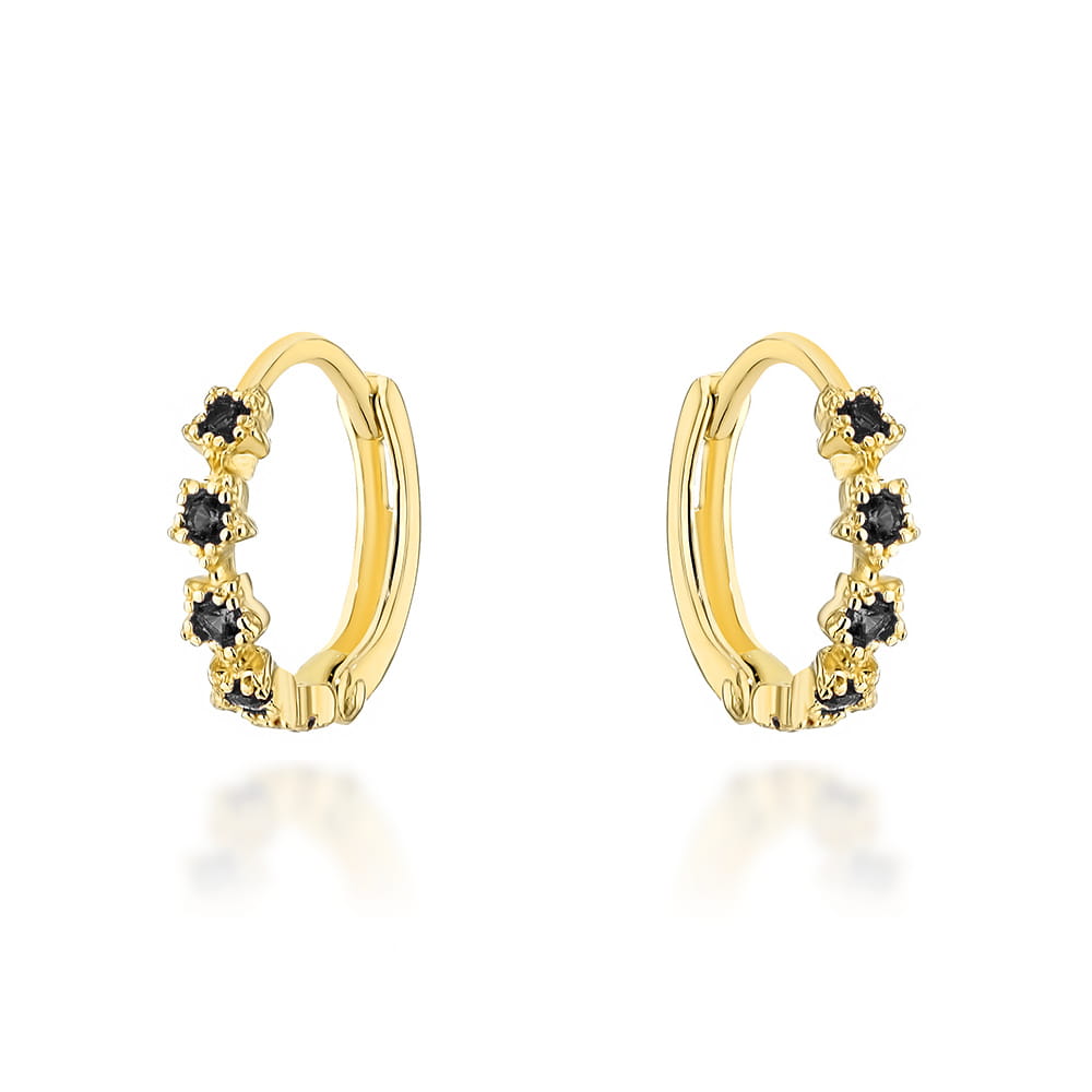 Kolczyki złote kwiatki z czarnymi cyrkoniami na kreolu