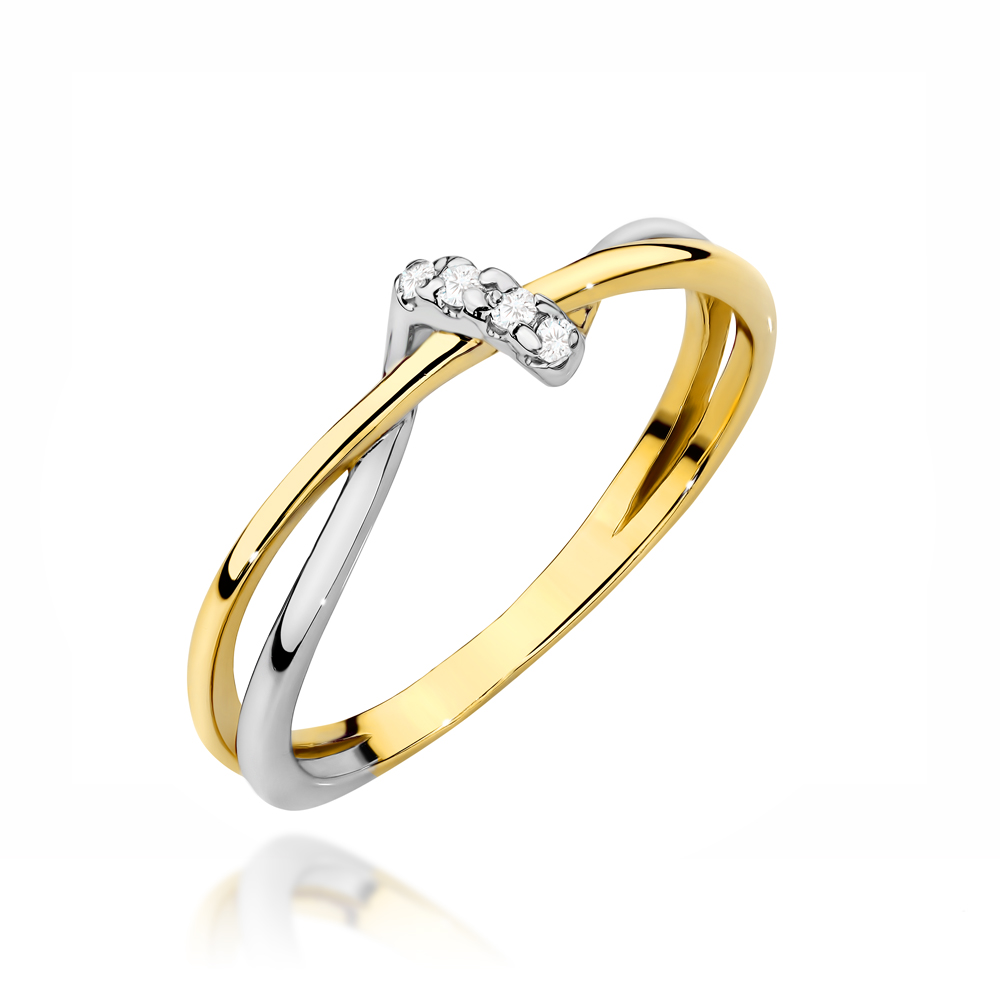 Pierścionek złoty zaplatany z cyrkoniami w dwóch kolorach złota