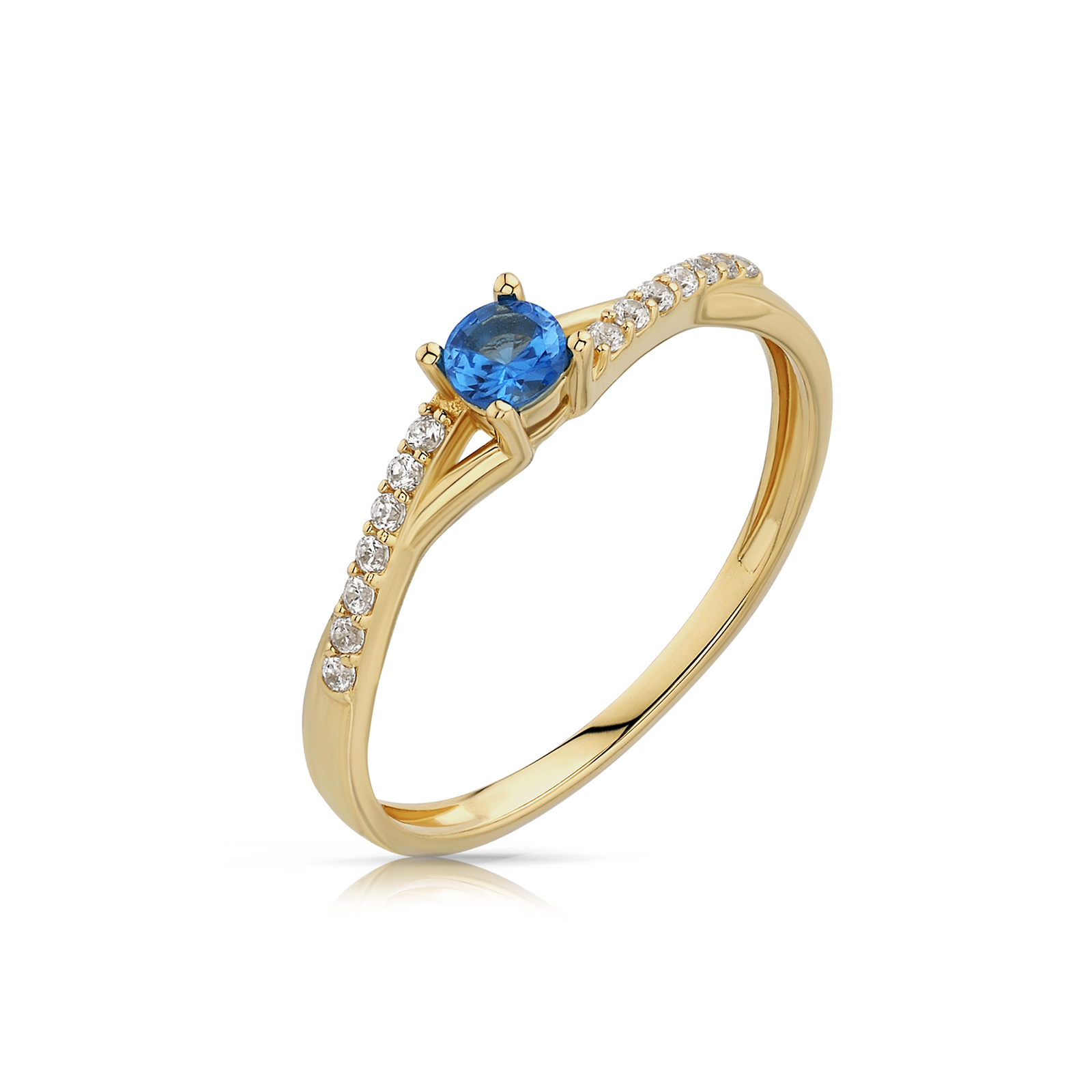 Złoty pierścionek podkreślający subtelny blask kamieni.